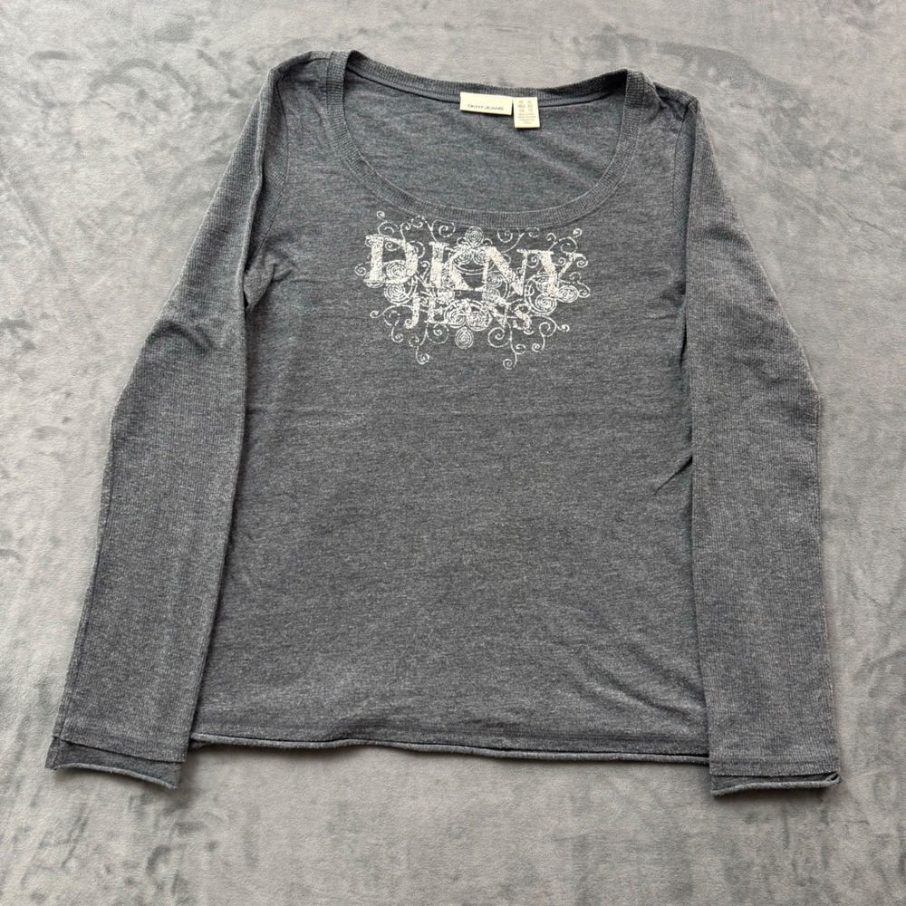 DKNY Jeans Womens Gray Long Sleeve Scoop Neck Glitter Logo Graphic Top XL